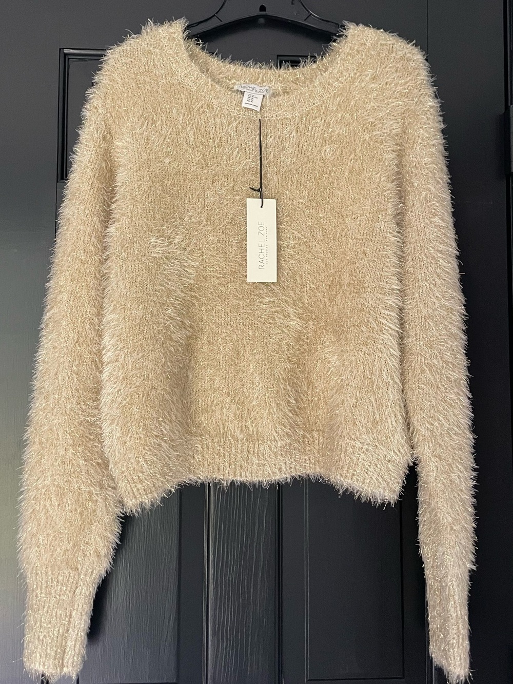 Rachel Zoe Beige Eyelash Fuzzy Crewneck Sweater